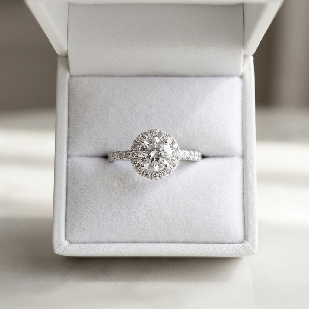 Aster round brilliant diamond halo engagement ring, detail view