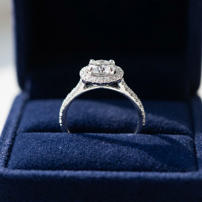Aster round brilliant diamond halo engagement ring, raised view