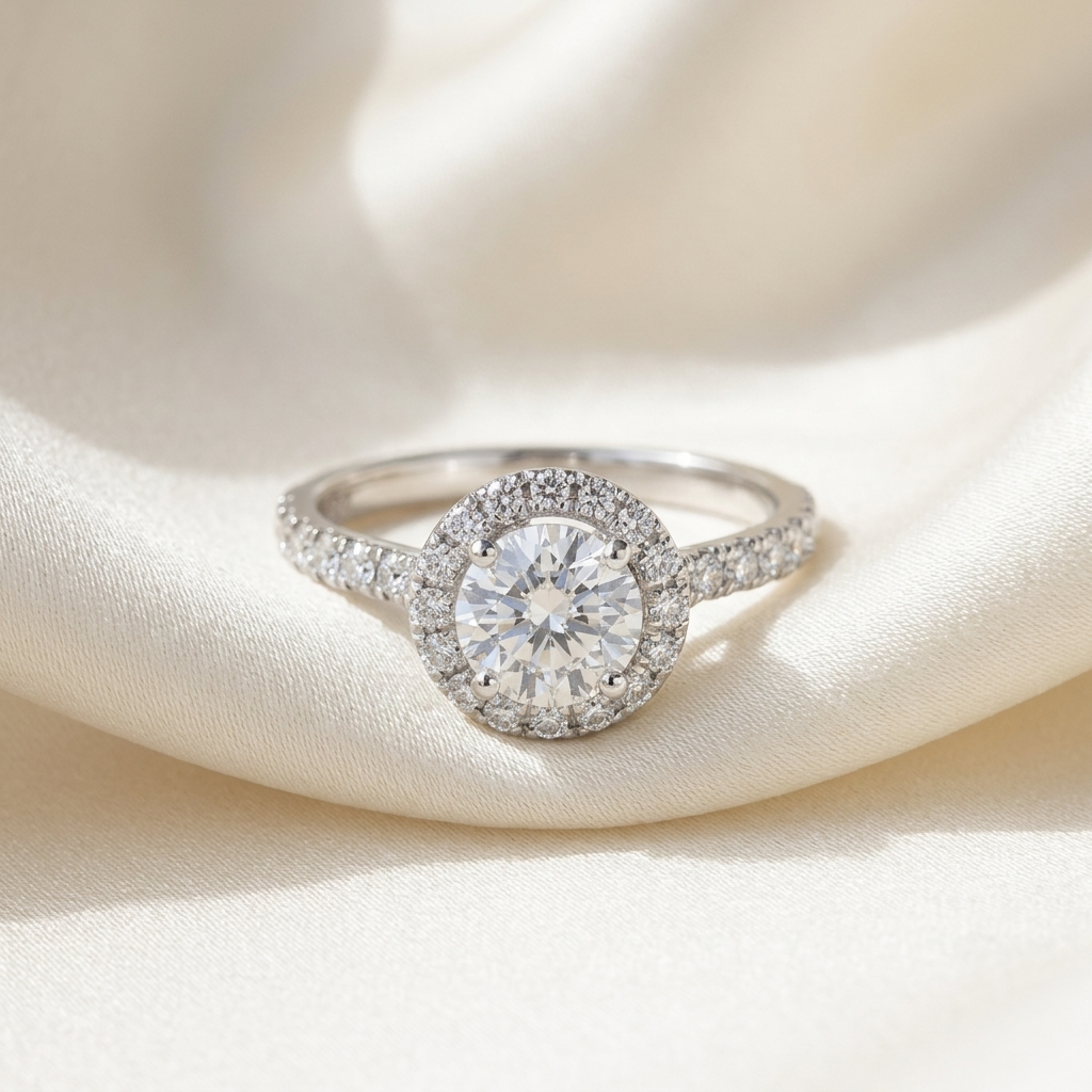 Aster round brilliant diamond halo engagement ring in white gold