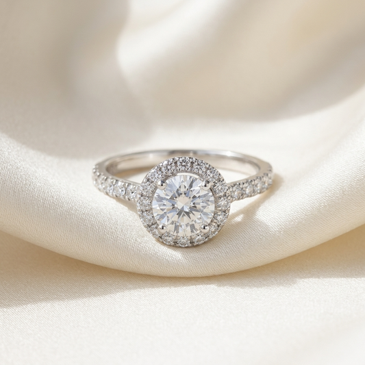 Aster round brilliant diamond halo engagement ring in white gold