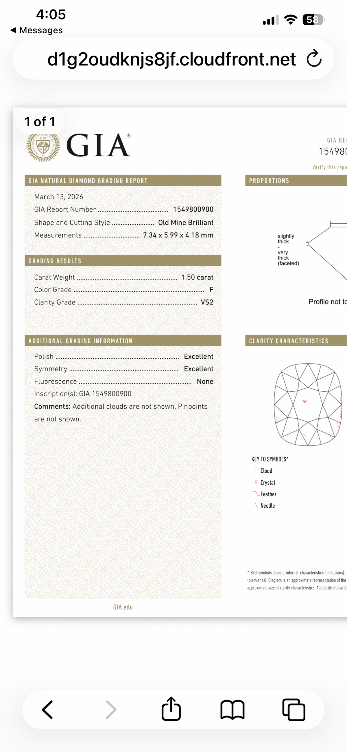 GIA Diamond Grading Report for Old Mine Cut Diamond 1.50ct F VS2, GIA # 1549800900