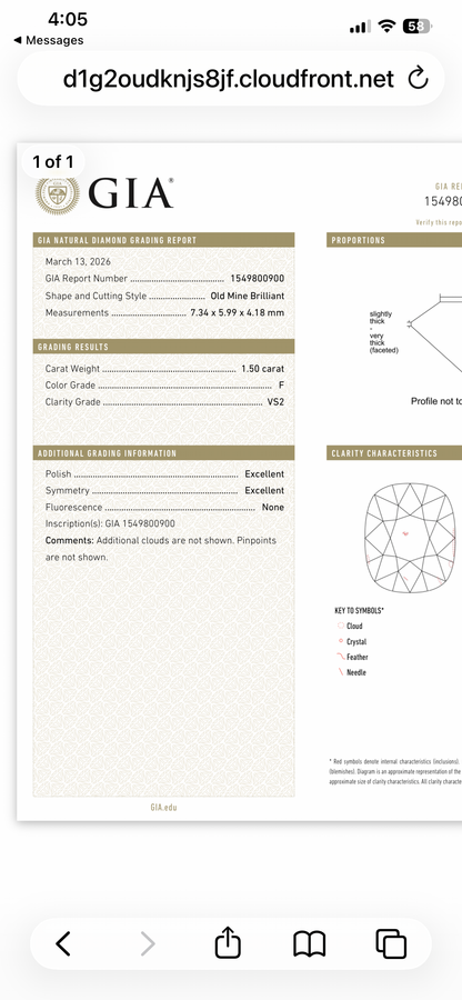 GIA Diamond Grading Report for Old Mine Cut Diamond 1.50ct F VS2, GIA # 1549800900