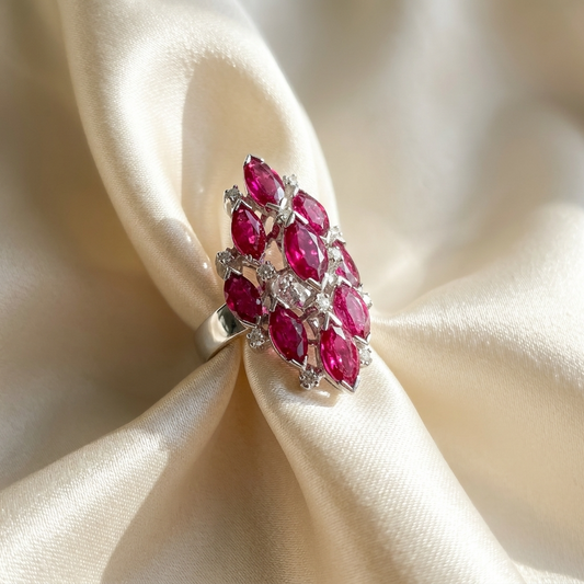 Marquise cut ruby and diamond ring - side view