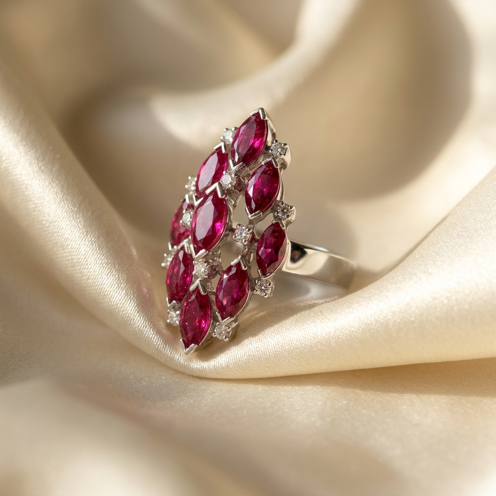 Marquise cut ruby and diamond ring - angled view
