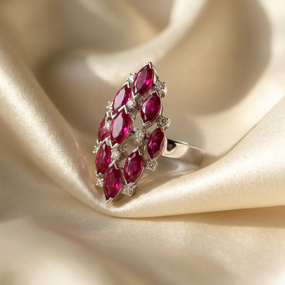 Marquise cut ruby and diamond ring - angled view
