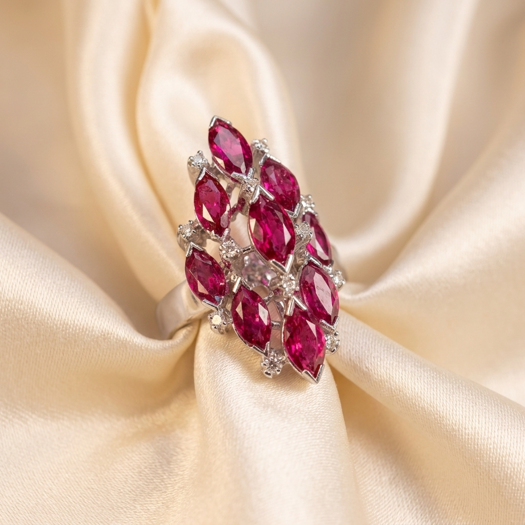 Marquise cut ruby and diamond ring - detail view