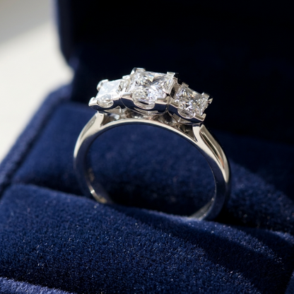 Michelle princess cut diamond three stone engagement ring, side view