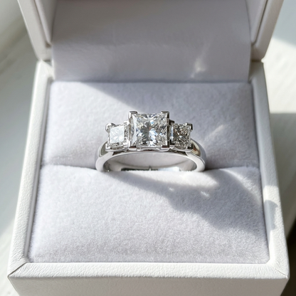 Michelle princess cut diamond three stone engagement ring, top view