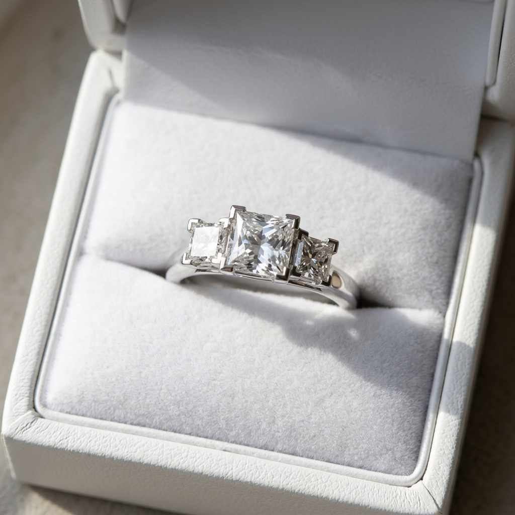 Michelle princess cut diamond three stone engagement ring on white gold band