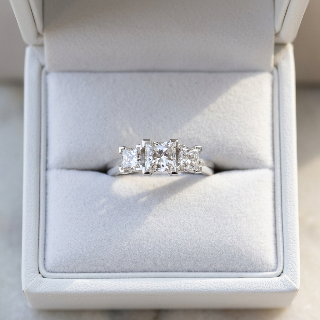 Michelle princess cut diamond three stone engagement ring, front view