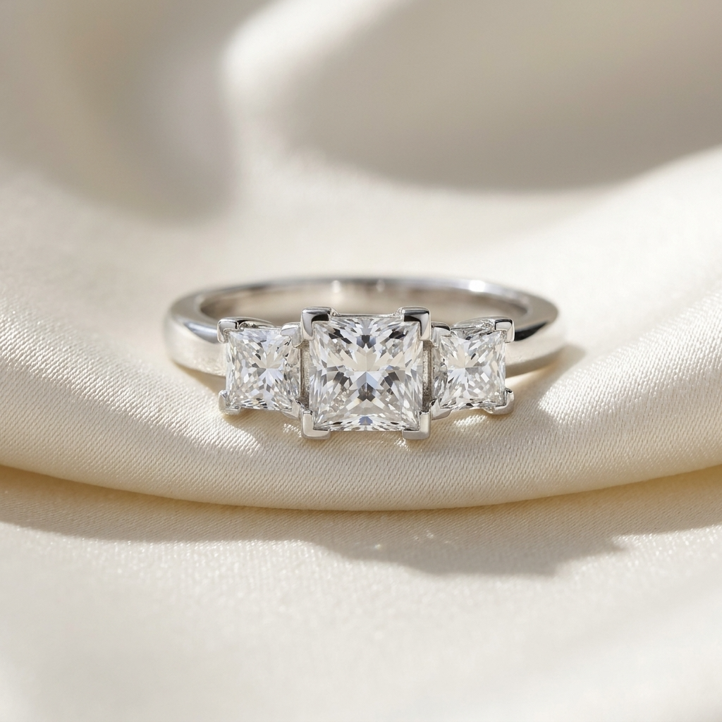 Michelle princess cut diamond three stone engagement ring, profile view