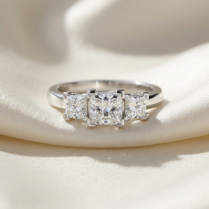 Michelle princess cut diamond three stone engagement ring, profile view