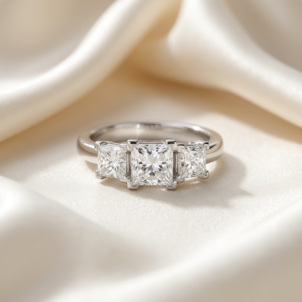 Michelle princess cut diamond three stone engagement ring, raised view