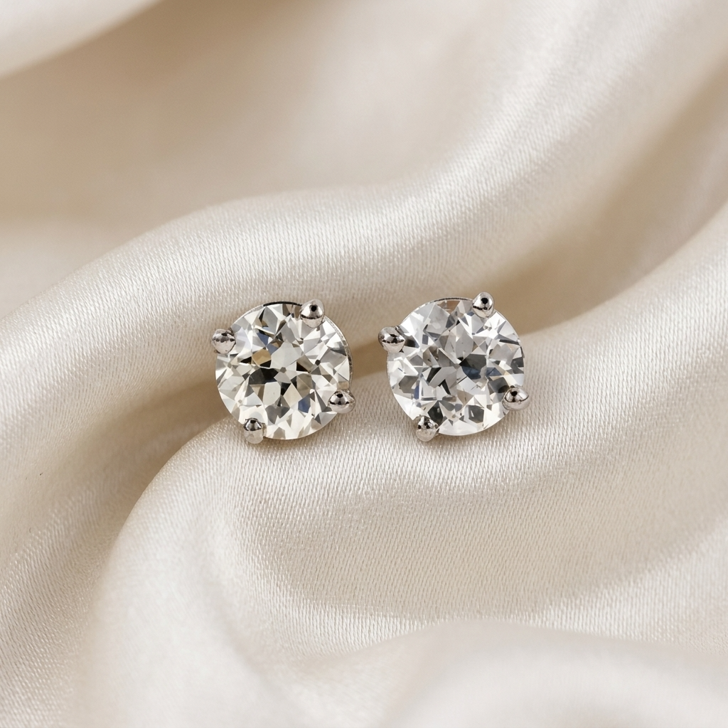 Old mine cut diamond stud earrings in 18ct white gold