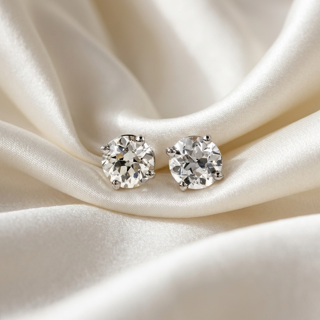 Old mine cut diamond stud earrings in 18ct white gold - side view