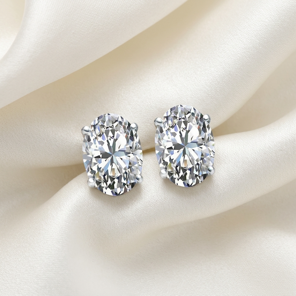 Oval diamond stud earrings - front view