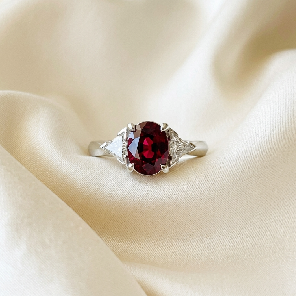 Oval ruby and trilliant cut diamond engagement ring - side view