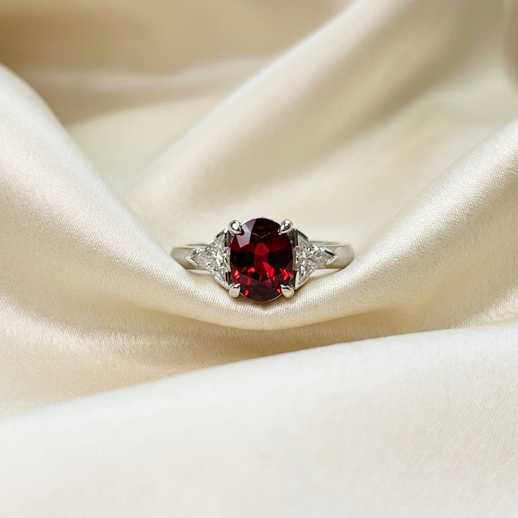 Oval ruby and trilliant cut diamond engagement ring - detail view