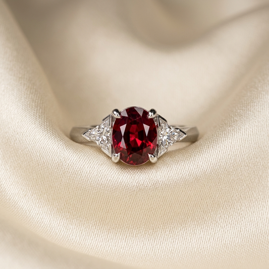 Oval ruby and trilliant cut diamond engagement ring, handcrafted in Sydney