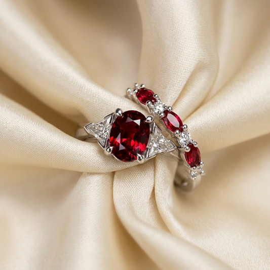 Oval ruby and trilliant cut diamond engagement ring shown with matching wedding band — handcrafted in Sydney