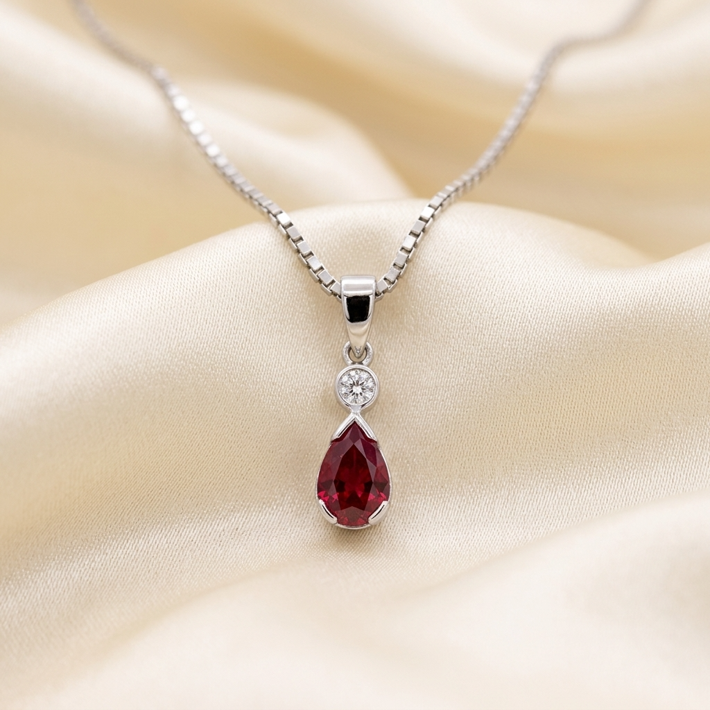 Pear shape ruby and diamond pendant - angled view