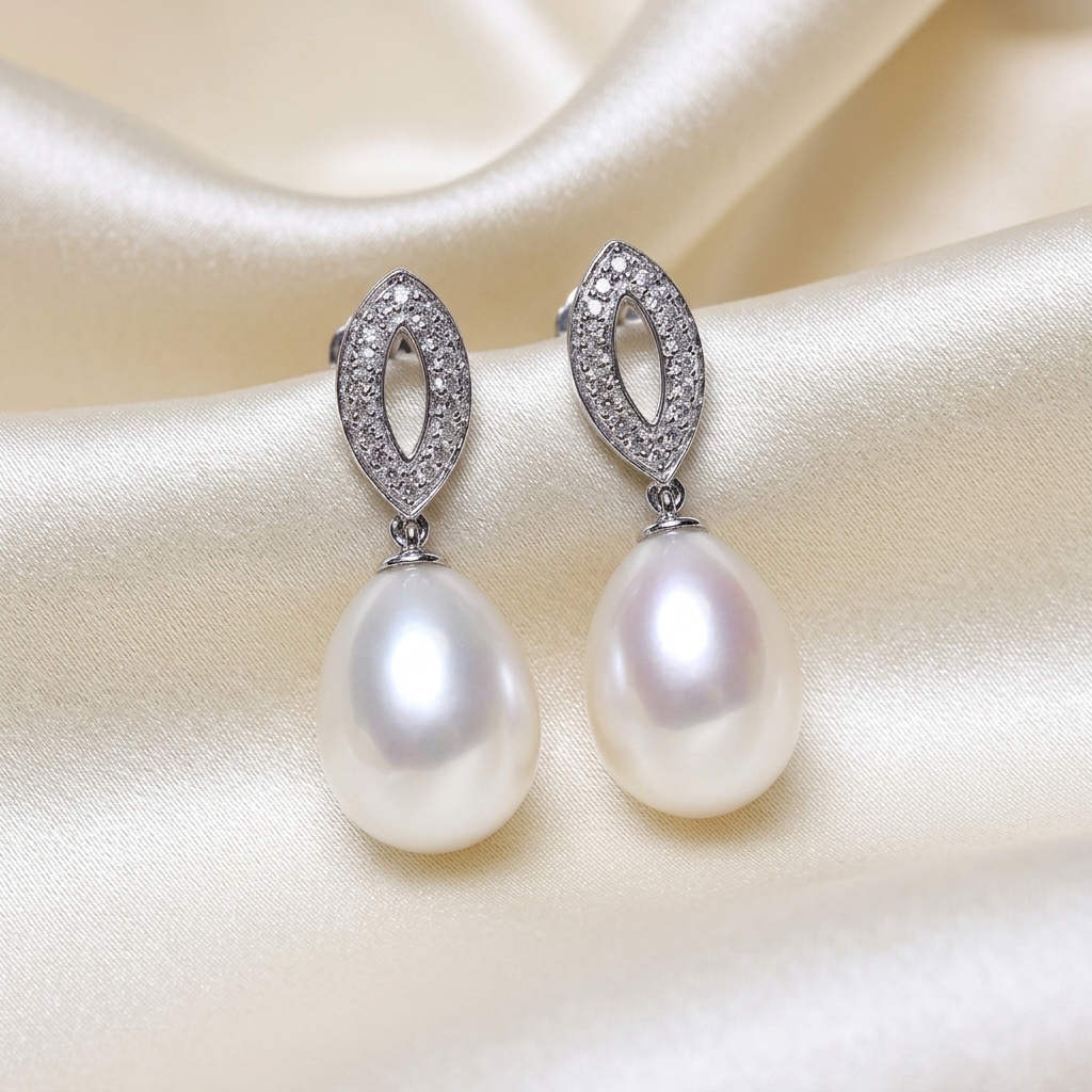 Freshwater pearl and diamond drop earrings - detail view