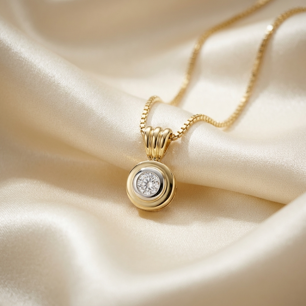 Two tone bezel set round diamond pendant - angled view