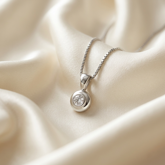 Domed bezel set round diamond pendant - angled view