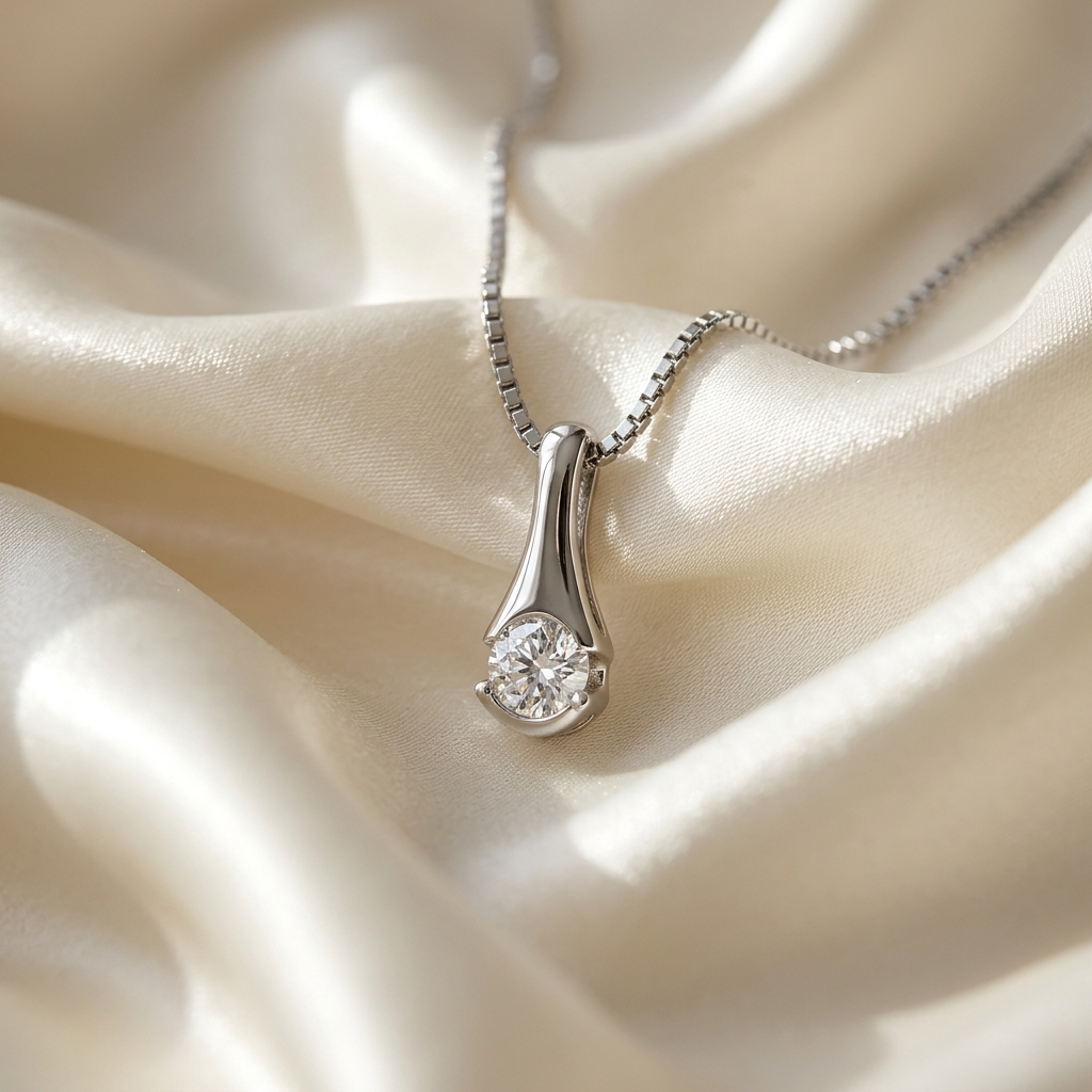 Modern bezel set round diamond pendant - angled view