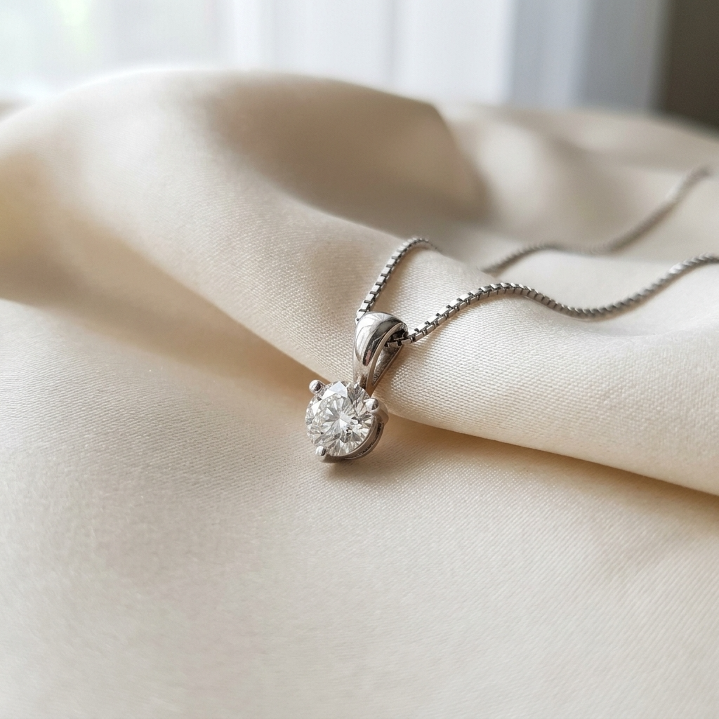 Three claw round diamond solitaire pendant - side view