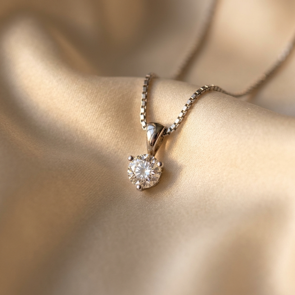 Three claw round diamond solitaire pendant - detail view