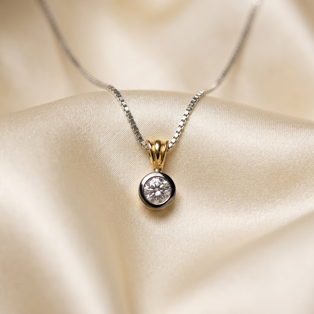 Round bezel set diamond solitaire pendant in two tone gold