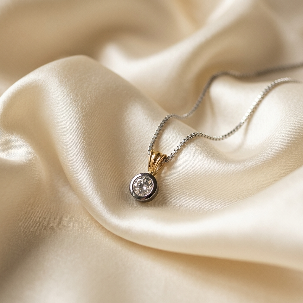 Round bezel set diamond solitaire pendant - angled view