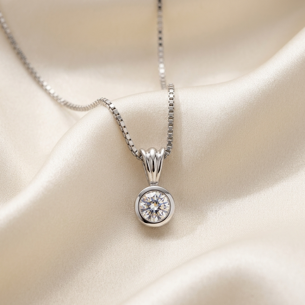 Round bezel set diamond solitaire pendant in white gold