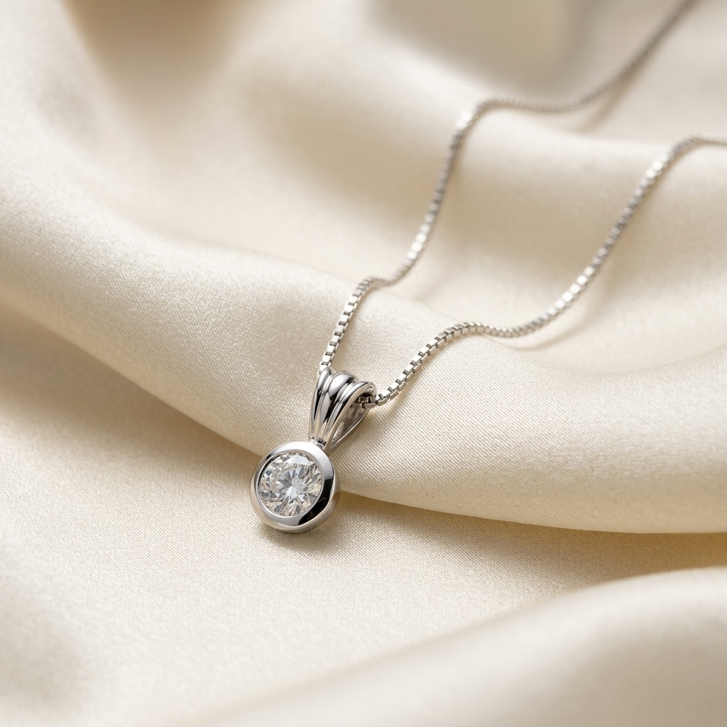 Round bezel set diamond pendant in white gold - side view