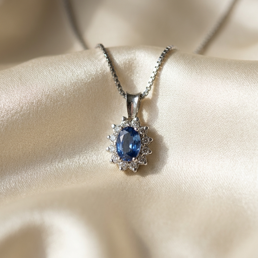 Pear shape sapphire and diamond pendant - side view