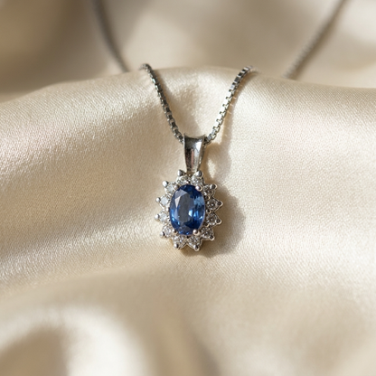 Pear shape sapphire and diamond pendant - side view
