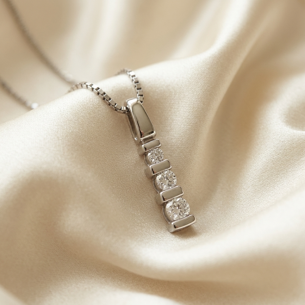 Three stone diamond trilogy pendant - side view