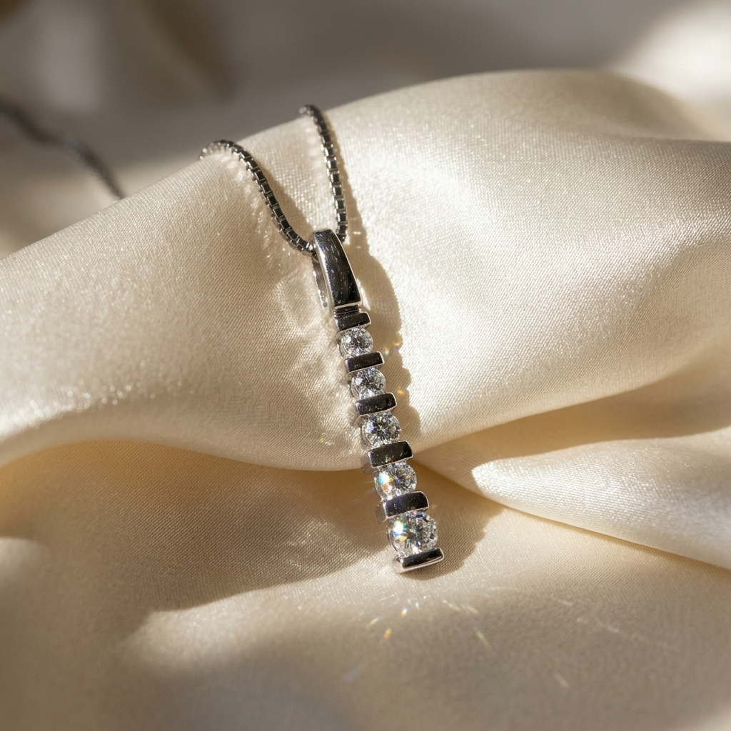 5 stone graduated bar set diamond pendant - detail view