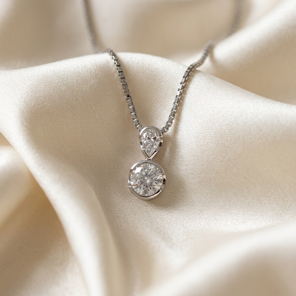 Pear shape and round diamond pendant - angled view