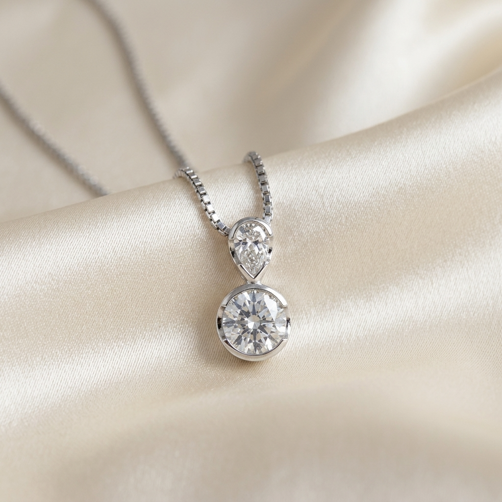 Pear shape and round diamond pendant - detail view