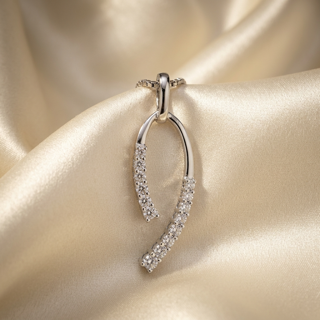 Wishbone shape diamond pendant - angled view