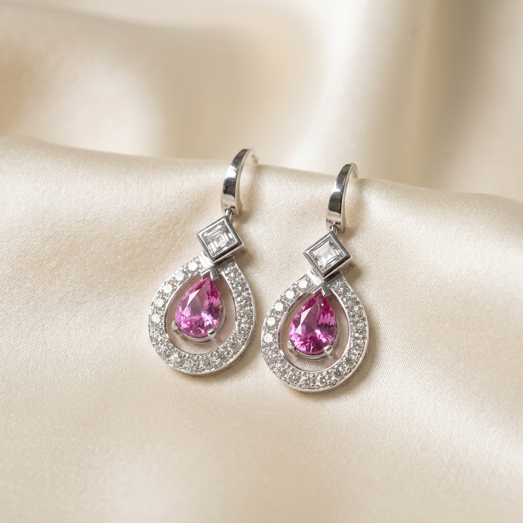 Pink sapphire and diamond halo drop earrings — handcrafted in Sydney