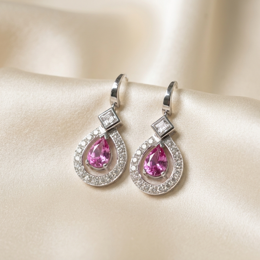 Pink sapphire and diamond halo drop earrings — handcrafted in Sydney