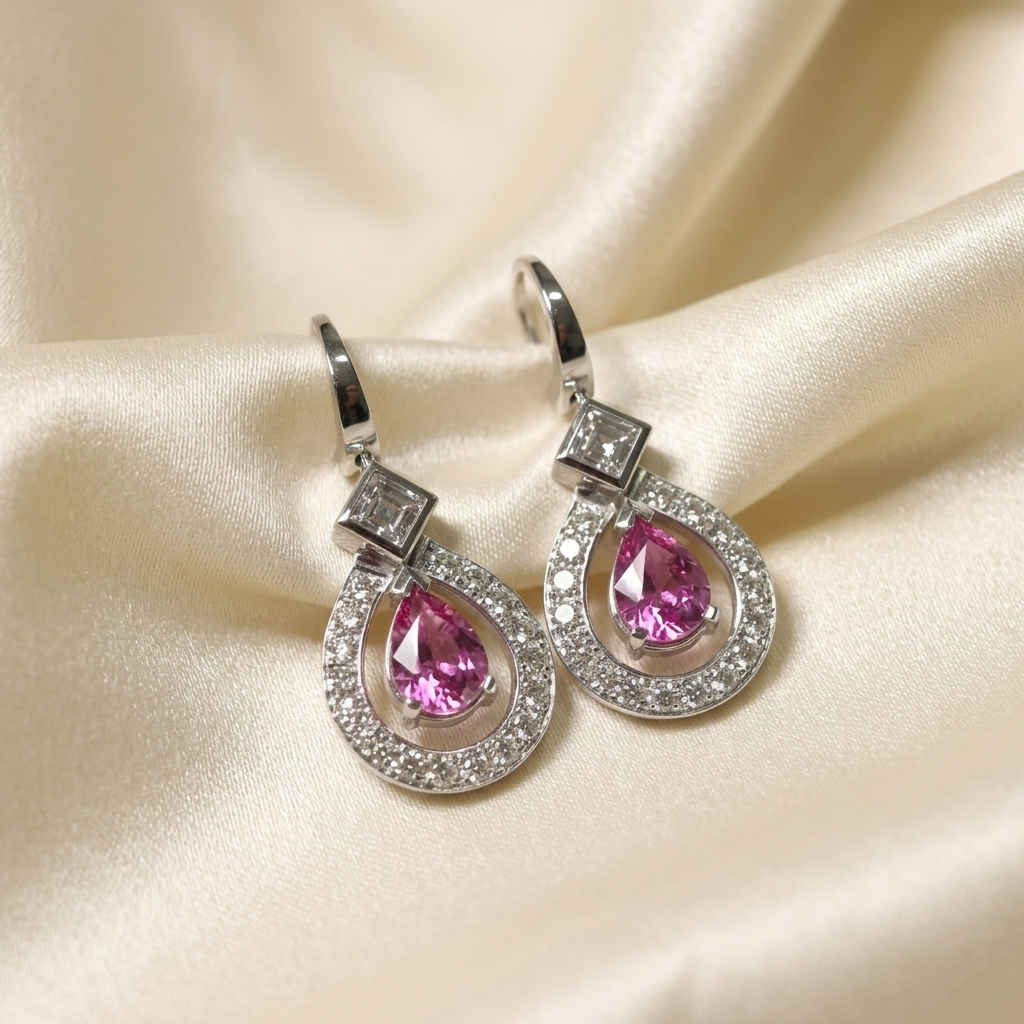 Pink sapphire and diamond halo drop earrings - angled view