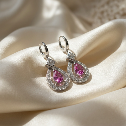 Pink sapphire and diamond halo drop earrings - side view