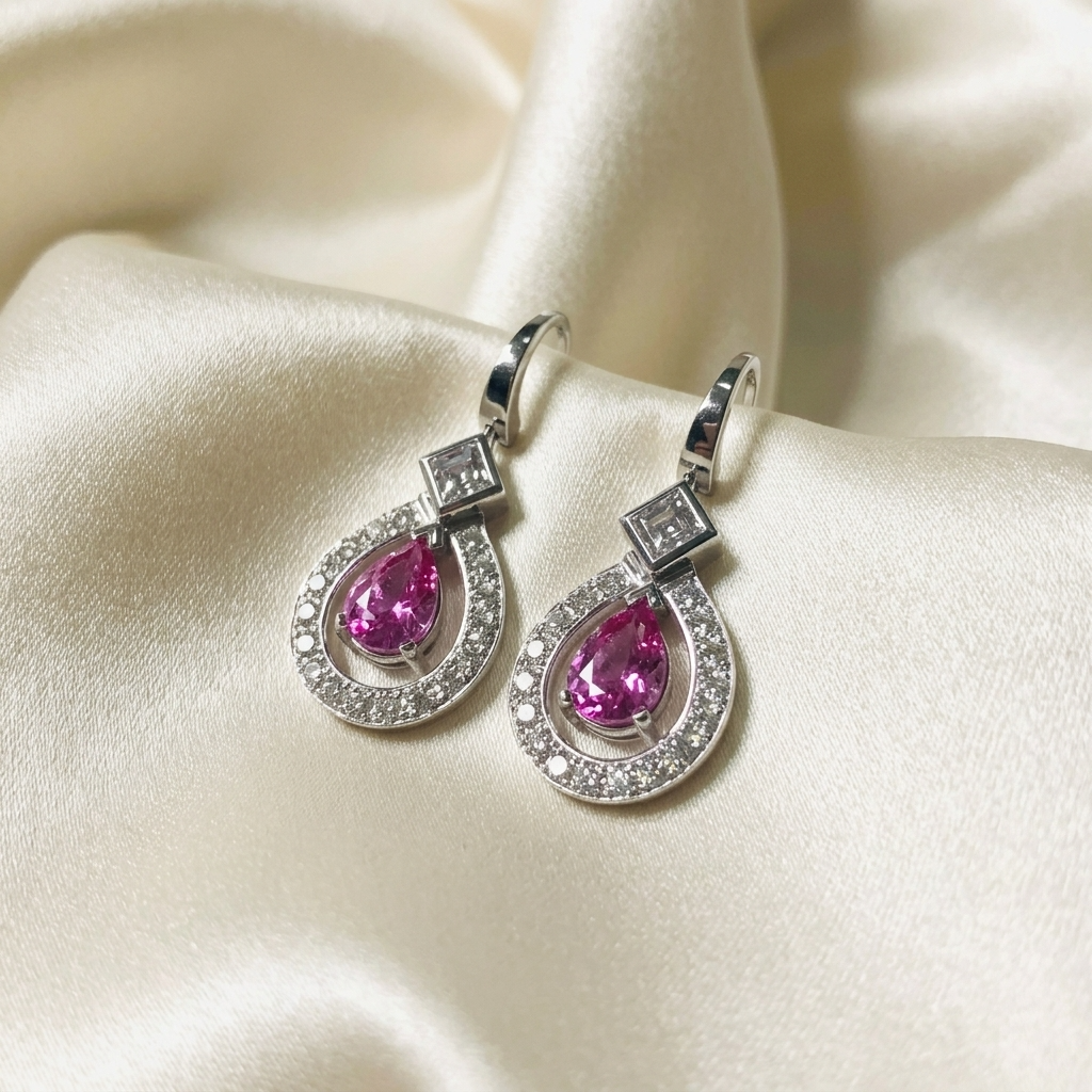 Pink sapphire and diamond halo drop earrings - detail view