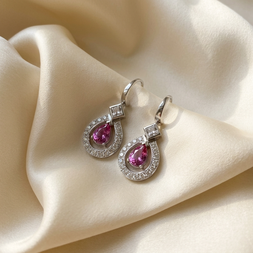 Pink sapphire and diamond halo drop earrings - close up