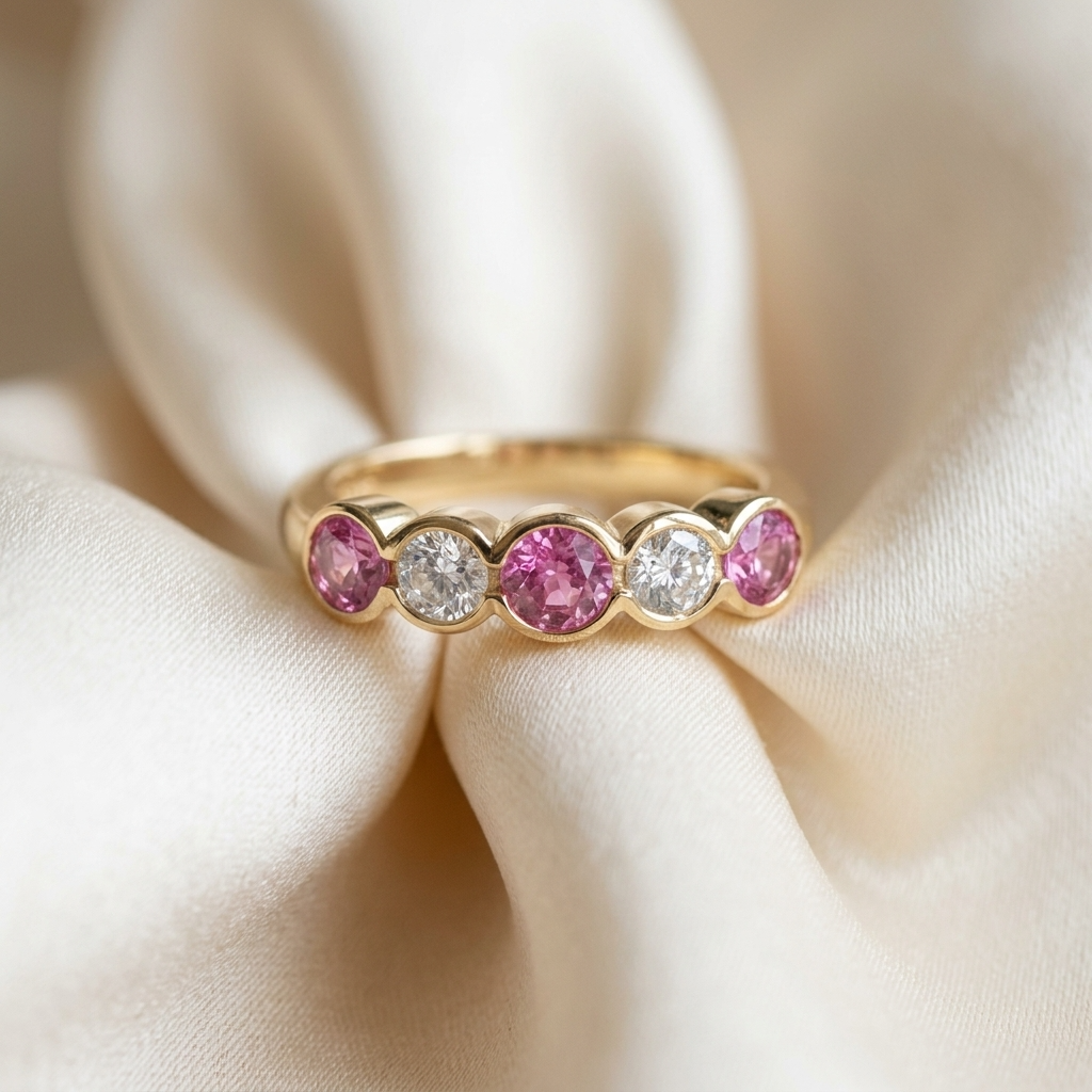 Pink sapphire and diamond eternity ring — handcrafted in Sydney