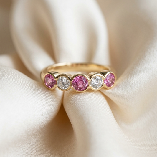 Pink sapphire and diamond eternity ring — handcrafted in Sydney